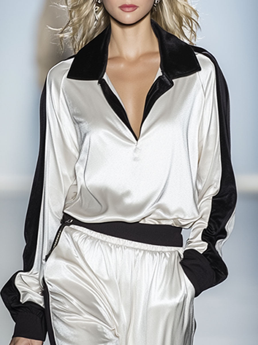 Stylish Black And White Color-blocked Velvet Top And Pants Set