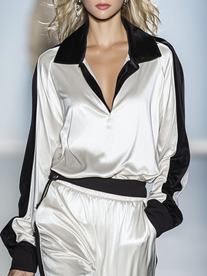 Stylish Black And White Color-blocked Velvet Top And Pants Set