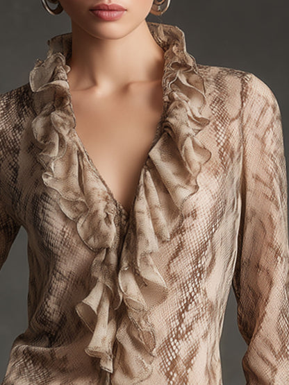 Fashionable Retro Snakeskin Light Camel Chiffon Ruffled Long-sleeved Shirt