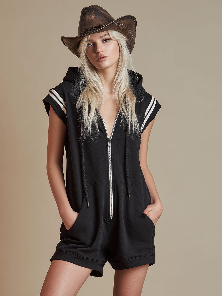 Color-blocked Trim Zippered Short-sleeved Hooded Short Jumpsuit