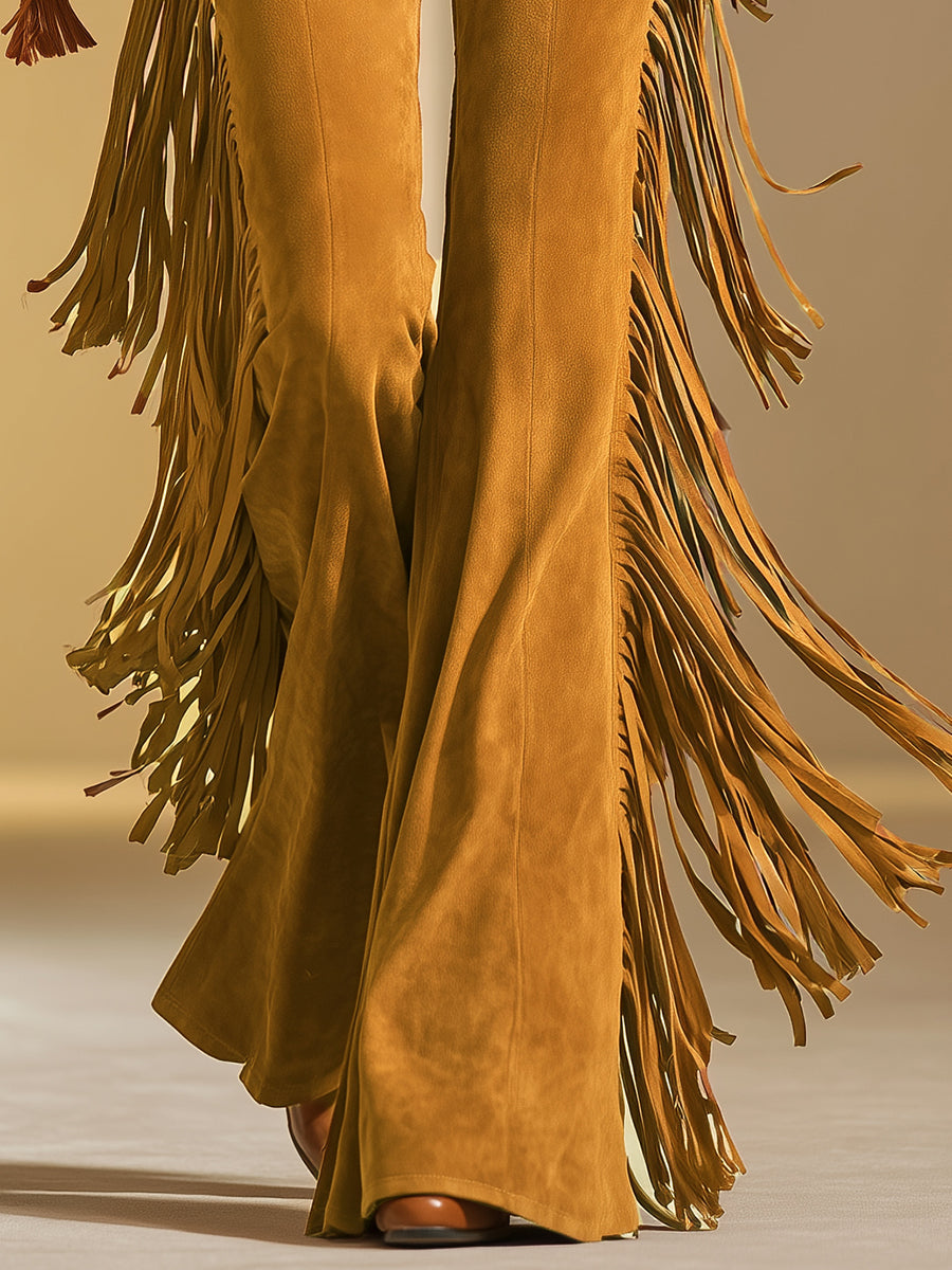 Retro-style Fringed Faux Suede Flared Pants
