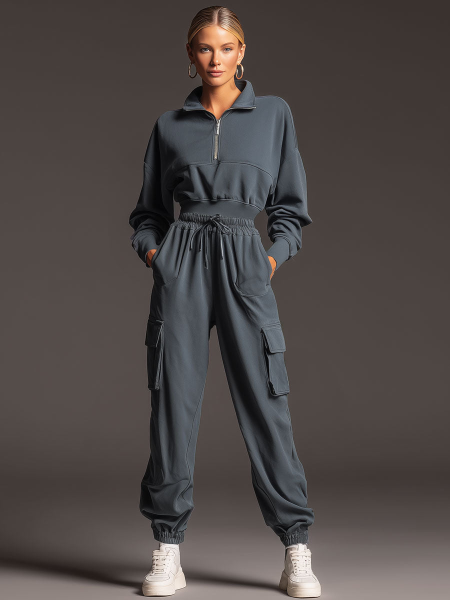 Sporty Retro Gray-Blue Cotton Long-Sleeved Half-Zip Sweatshirt And Cargo Pants Set