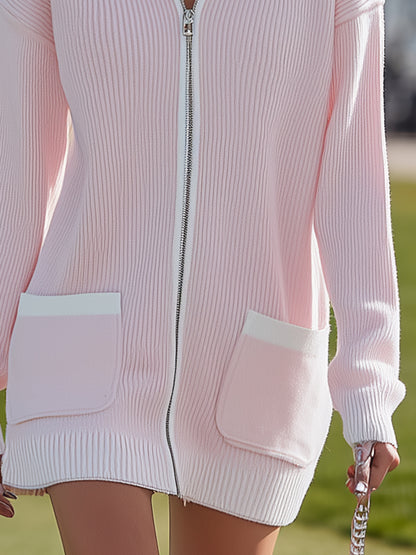 Elegant And Stylish White Trim Pink Ribbed Mini Dress