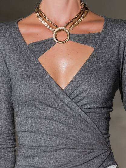 Elegant Grey Knit High-elastic Patchwork With Gold Trim  Top