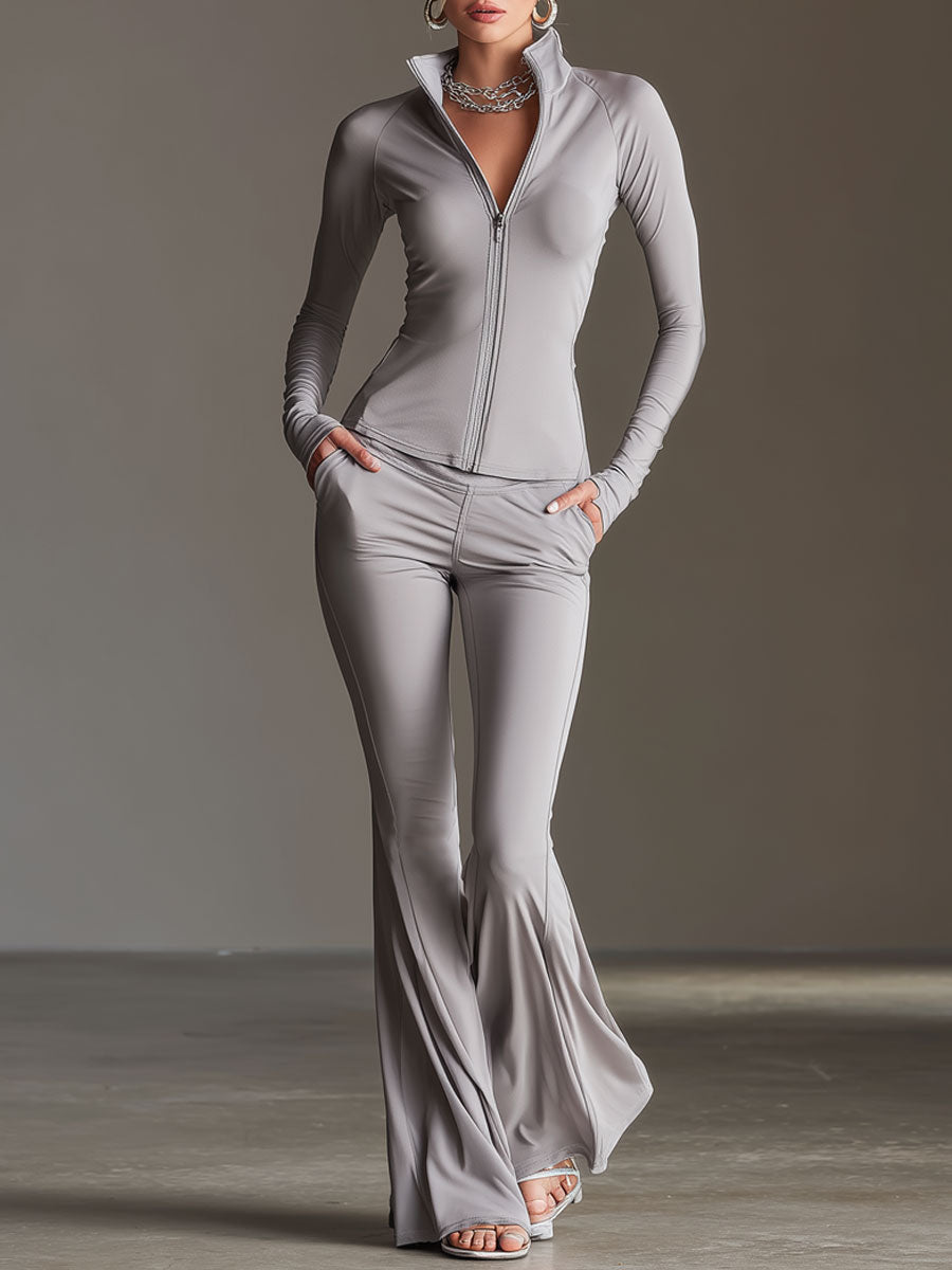 Fashionable Sporty Light Gray Long-sleeved Zip-up Top And Flared Pants Yoga Set