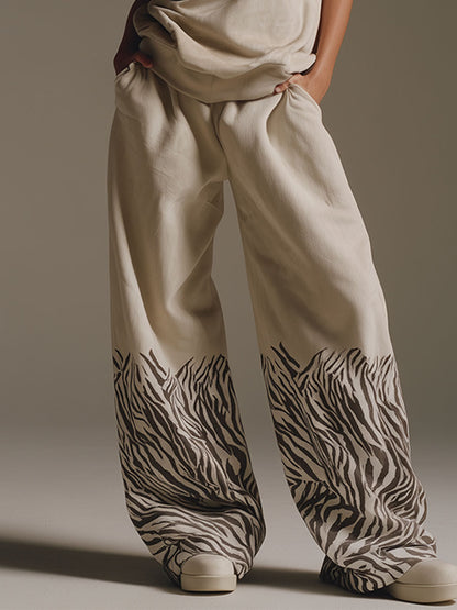 Casual Retro Zebra Print Off-white Faux Suede Sleeveless Top And Pants Set