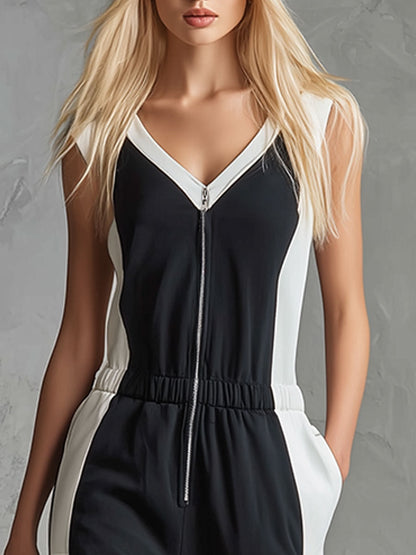 Casual Retro Sporty Black And White Color-blocked V-neck Half-zip Jumpsuit