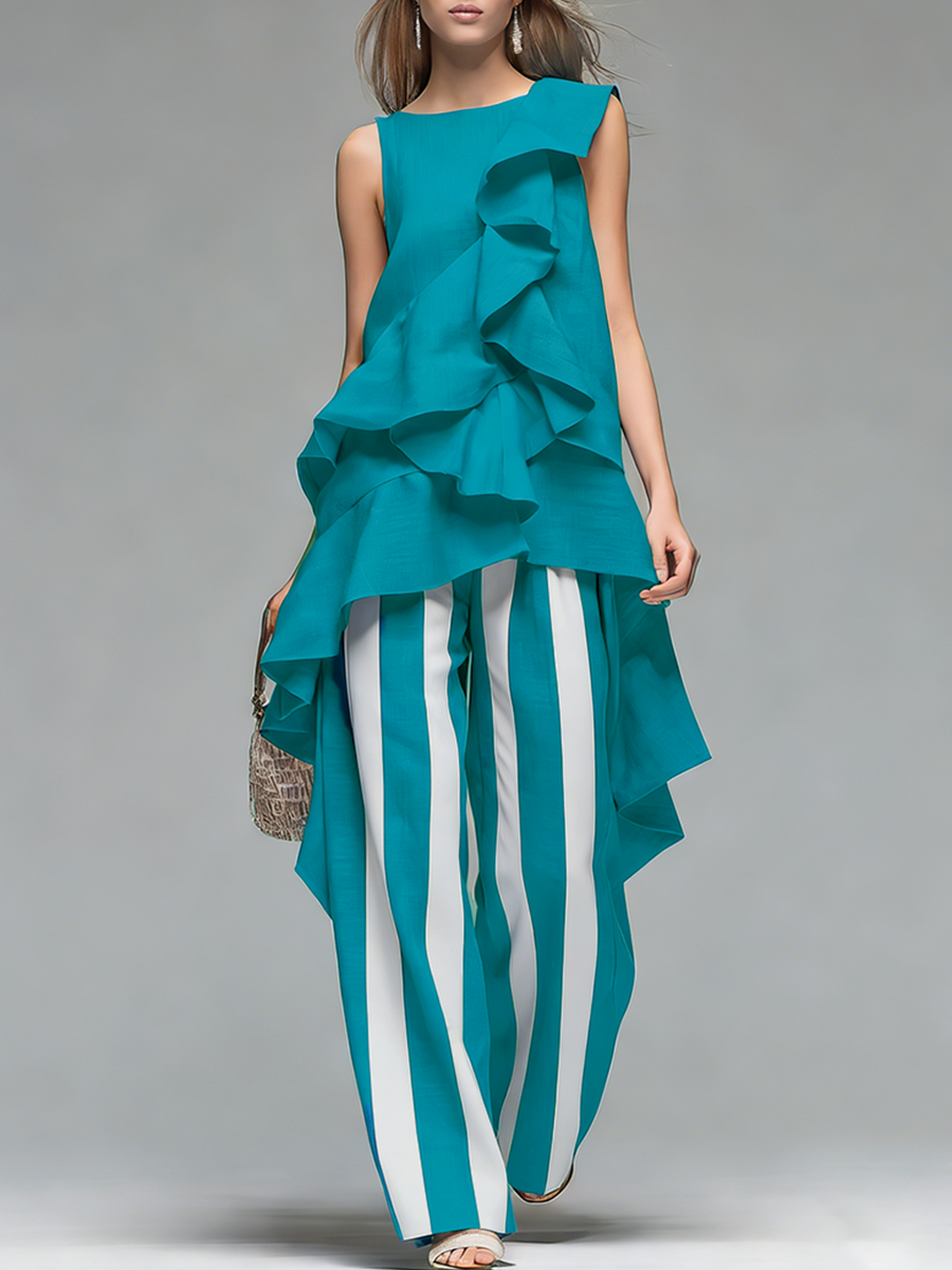 Stylish And Casual Round Neck Ruffled Sleeveless Top And Striped Trousers Set