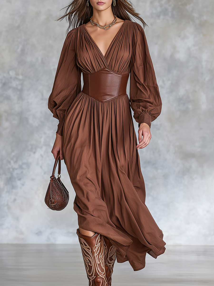 Retro V-neck Faux Leather Patchwork Cotton And Linen Midi Dress