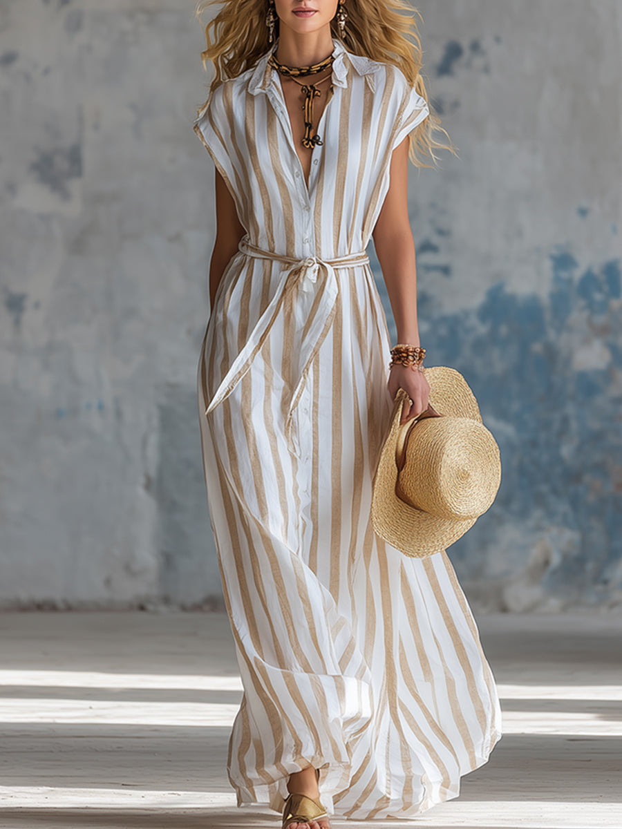 Classic Vacation-style Striped Lapel Wide-shoulder Sleeveless Maxi Dress