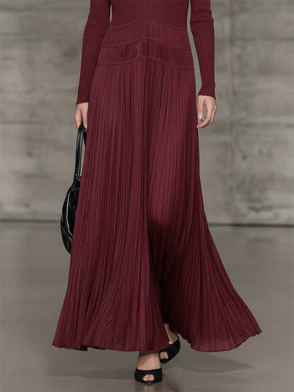 Stylish Knitted Round Neck Top With Matte Satin Pleated Hem Maxi Dress