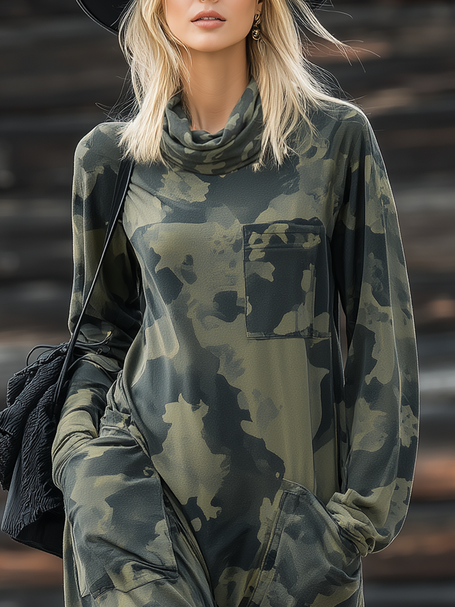 Casual Western Camouflage Print Layered Neckline Maxi Dress