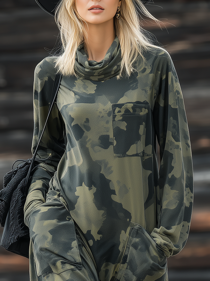 Casual Western Camouflage Print Layered Neckline Maxi Dress