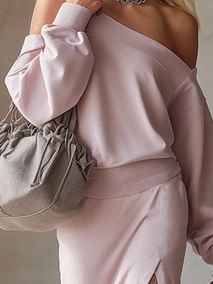 Trendy And Sexy Sporty Off-shoulder Pink Sweatshirt Midi Dress