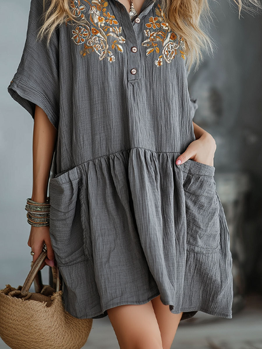 Gray Cotton And Linen Collared Button-down Short-sleeved Mini Dress