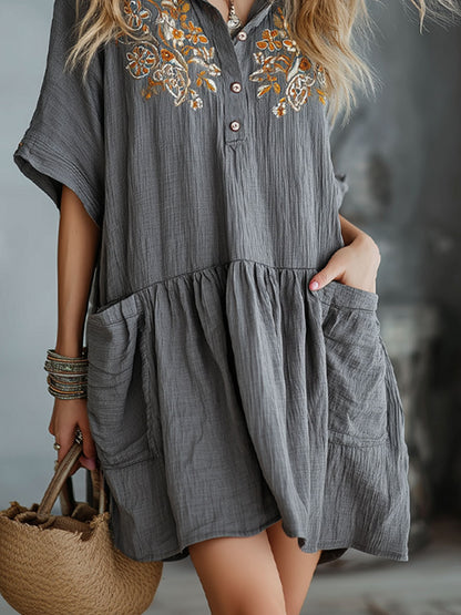Gray Cotton And Linen Collared Button-down Short-sleeved Mini Dress