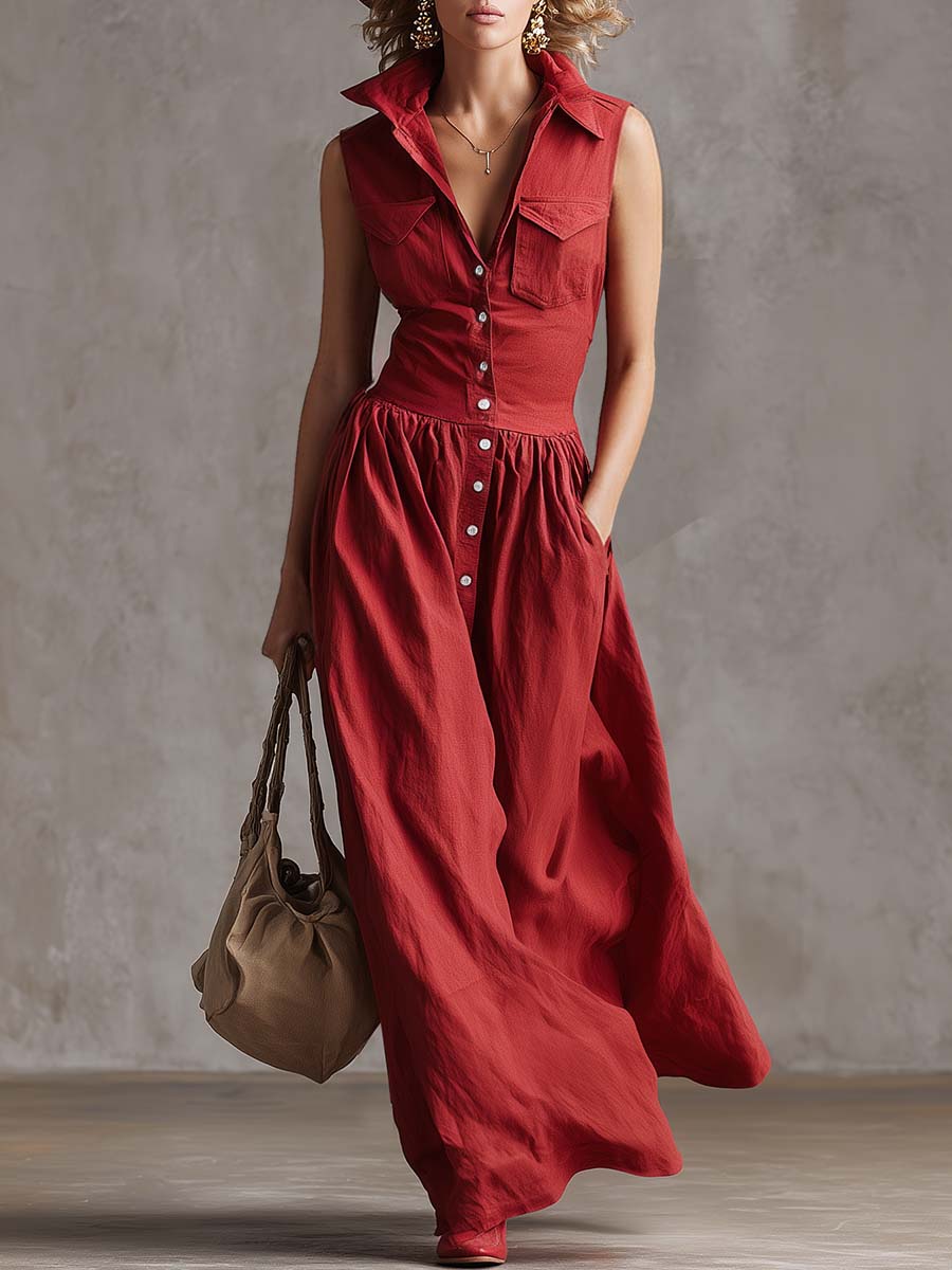 Retro Western Lapel Front Button Sleeveless Red Windbreaker Style Cotton And Linen Maxi Dress