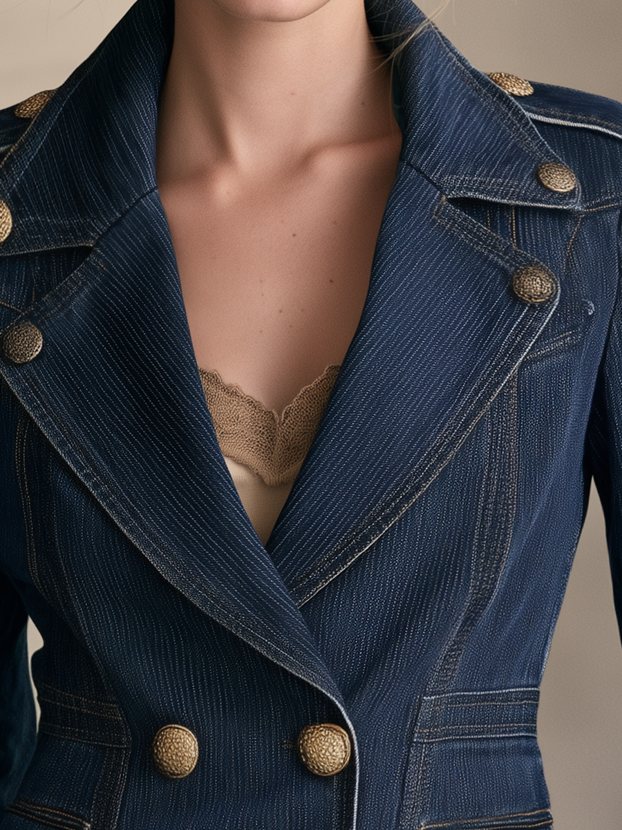 Women’s Dark Wash Denim Blazer With Gold Buttons
