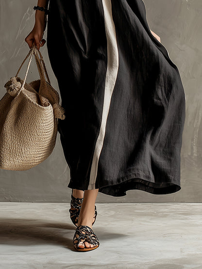 Stylish Urban Patchwork Black Cotton And Linen Short-sleeved Maxi Dress