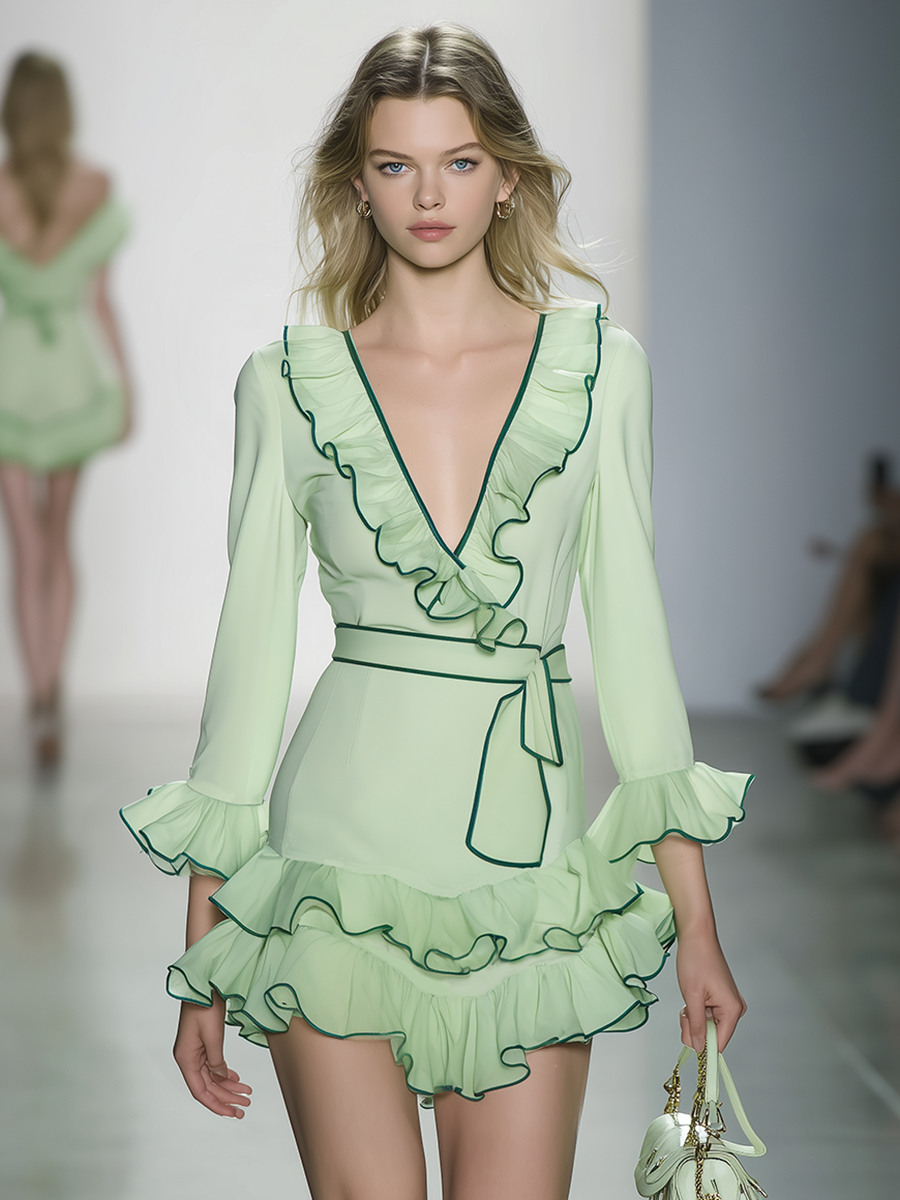 Elegant V-neck Ruffled Chiffon Mini Dress