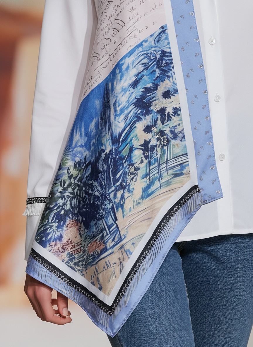 Stylish Silk Scarf Print White Loose-fitting Shirt