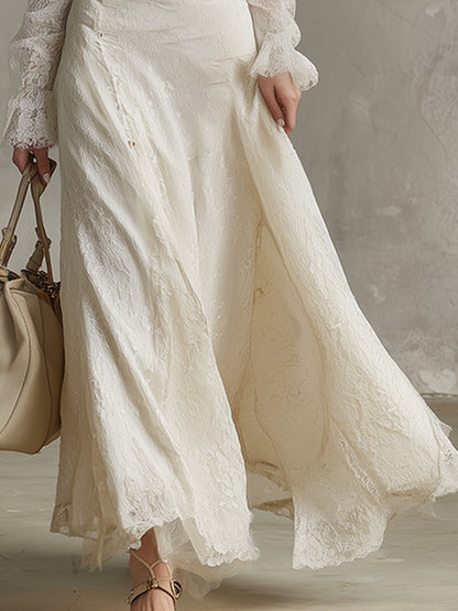 Noble White Collared Lace Shirt And Long Skirt Set