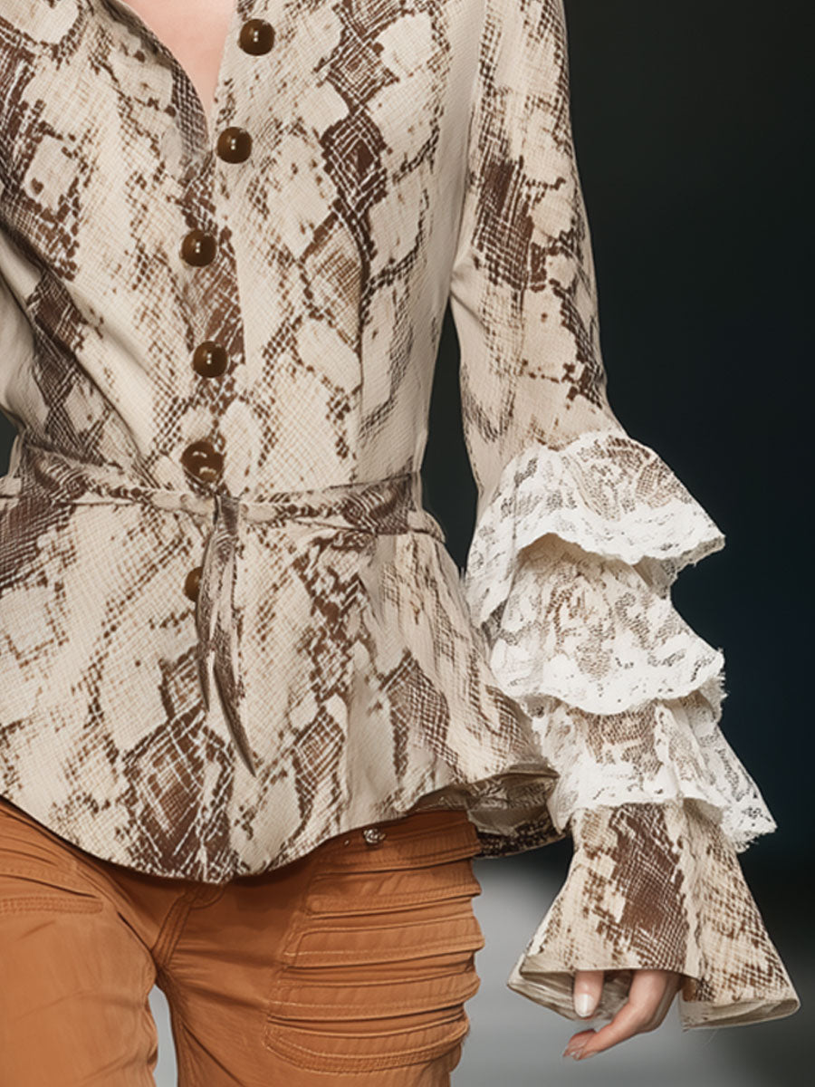 Fashionable Retro Lace Ruffle Snakeskin Beige Faux Suede Long-sleeved Shirt