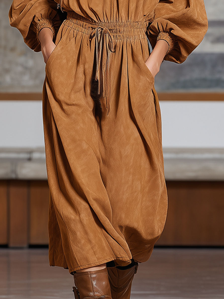 Hooded Double-pocket Faux Suede Long-sleeved Midi Dress