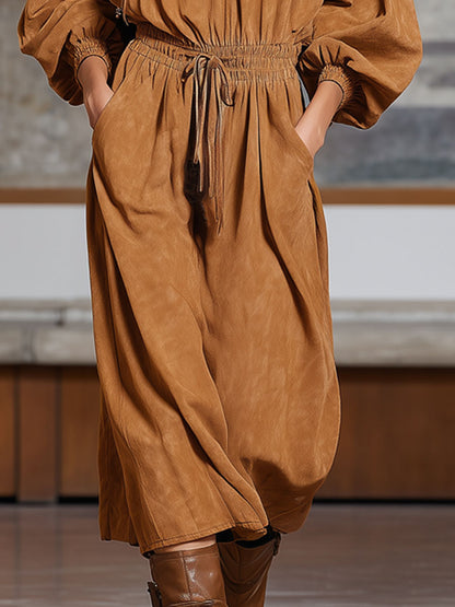 Hooded Double-pocket Faux Suede Long-sleeved Midi Dress