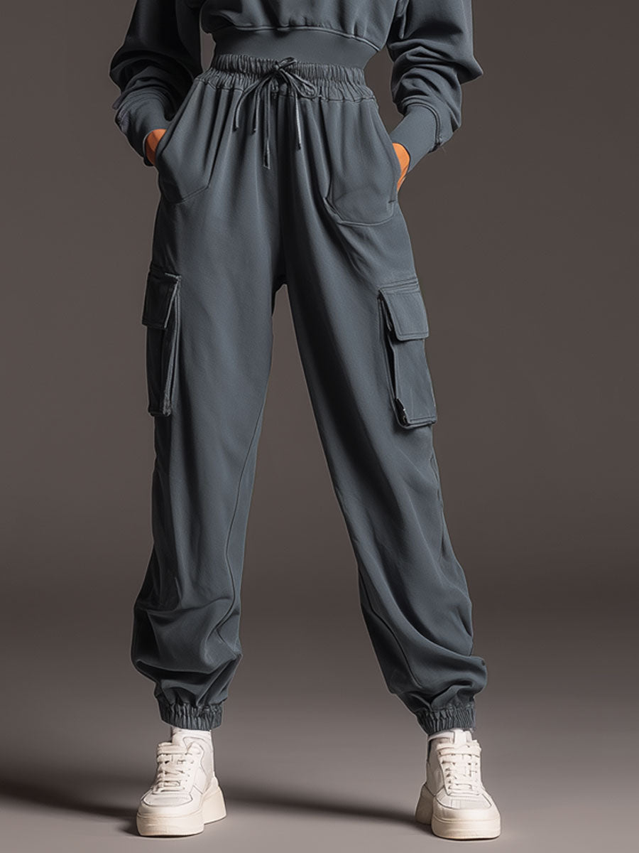 Sporty Retro Gray-Blue Cotton Long-Sleeved Half-Zip Sweatshirt And Cargo Pants Set