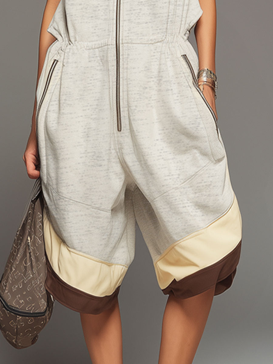 Sporty Retro Gray-white Cutout Sleeveless Shorts Jumpsuit