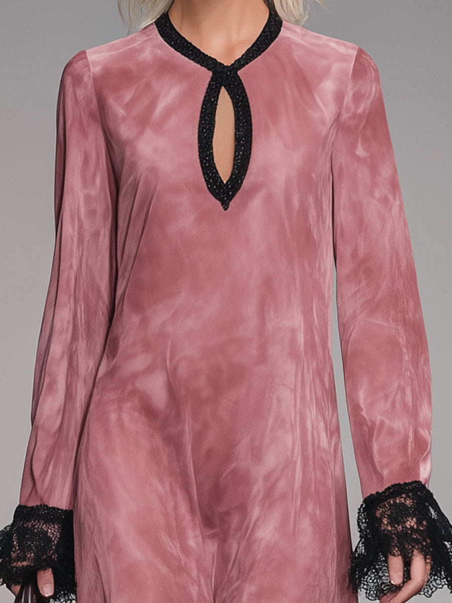 Western Pink Faux Suede Round Neck Hollow-Out Lace Maxi Dress