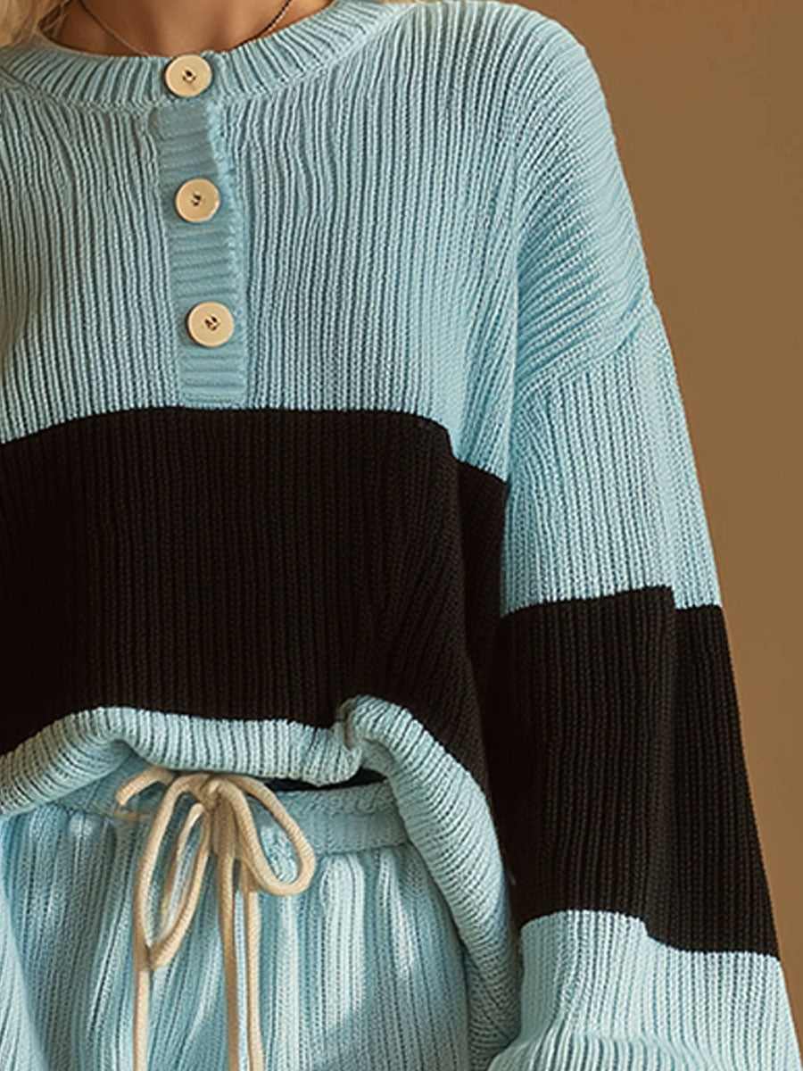 Stylish And Casual Blue And Black Knitted Top And Shorts Set