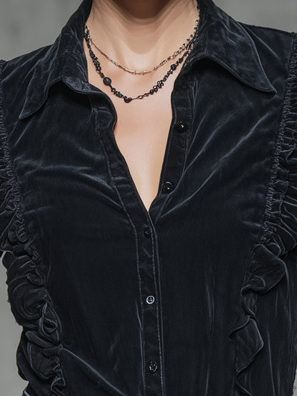 Stylish Black Faux Suede Long-sleeved With Ruffled Trim And Buttons Shirt