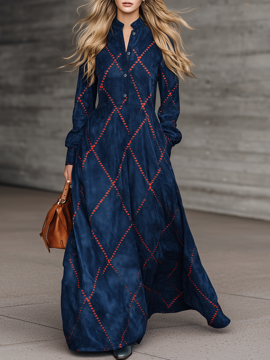 Loose-fitting Western-style Red Diamond-patterned Print Navy Blue Faux Suede Maxi Dress