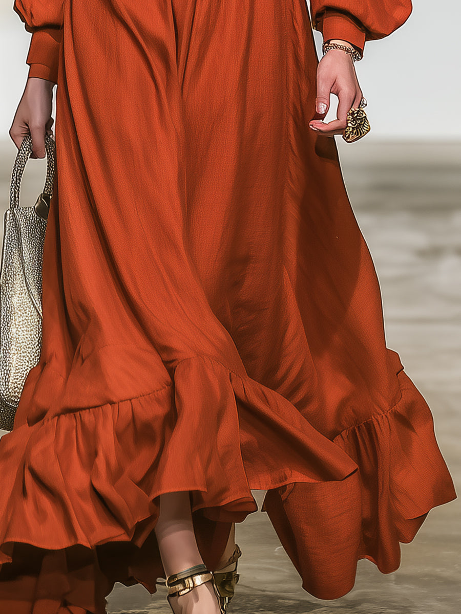 Western-style Rust-red Linen Off-the-shoulder  With A Collared Neckline Maxi Dress