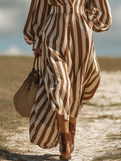 Retro Western Style Striped Collared Shirt Long Dress