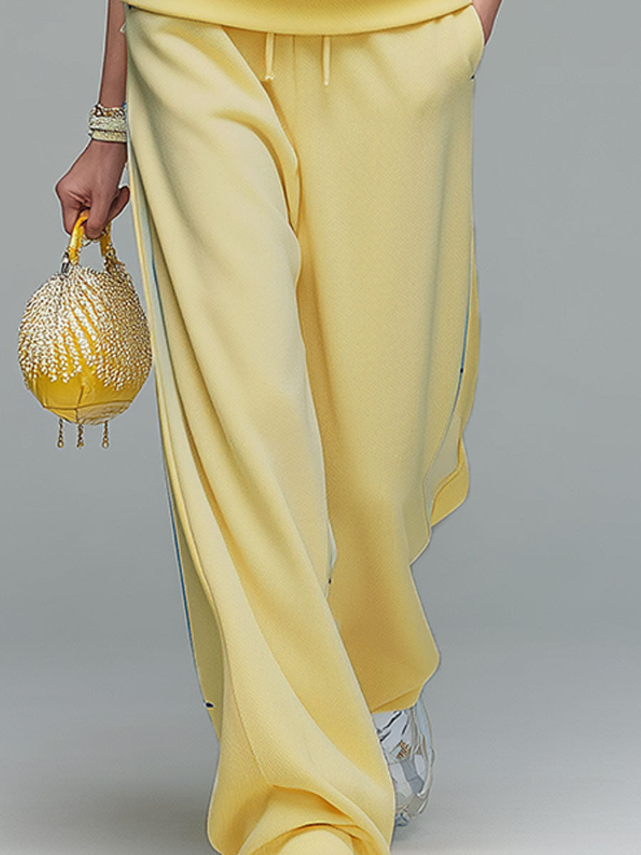 Fashionable Sporty Blue Trim Yellow Stand-up Collar Cotton Blend Top And Pants Set