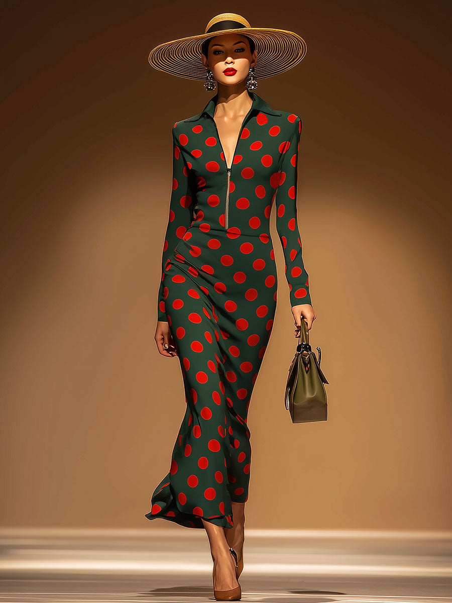 Retro Casual Red Polka Dot Green Half-zip Maxi Dress
