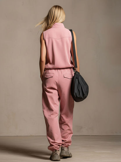 Stand-collar Half-open Neck Sleeveless Top And Trousers Set