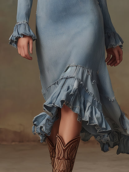 Elegant And Stylish Blue Denim Ruffled Rhinestone-trimmed Midi Dress