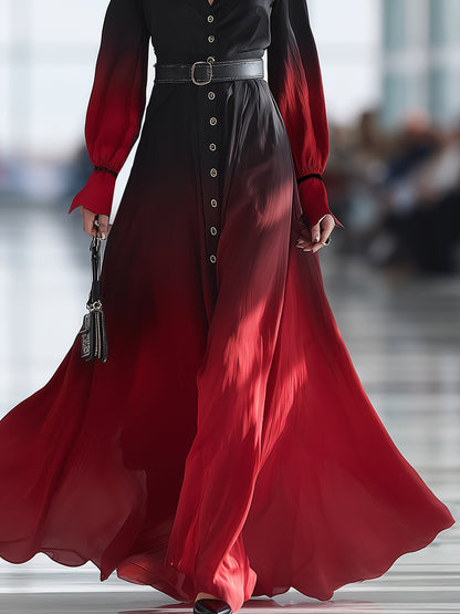 Stylish And Casual Button-down Collar Black And Red Gradient Maxi Dress