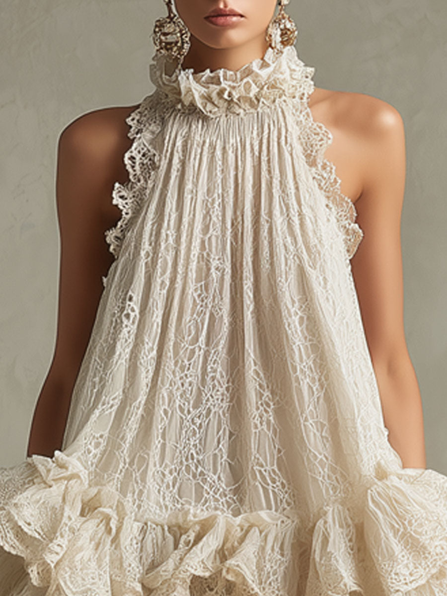 Vacation Retro Beige Lace Sleeveless Ruffled Mini Dress