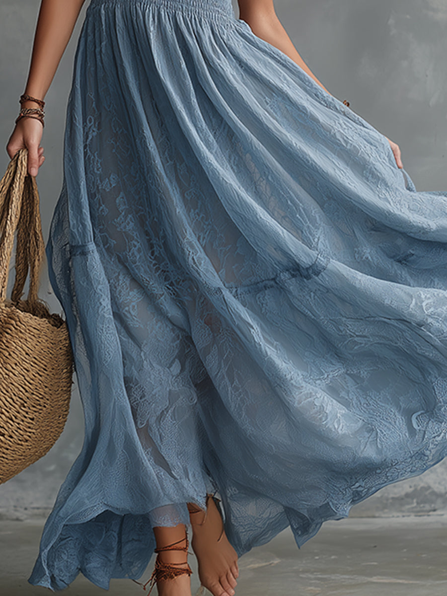 Elegant And Flowing Blue Lace Sleeveless Maxi Dress