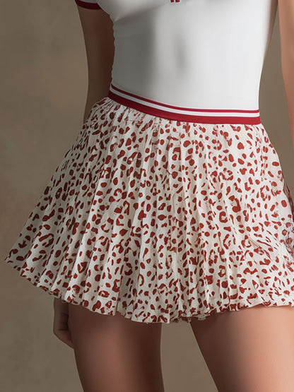 Sporty Retro White Lycra Pleated Leopard Print Chiffon Skirt Set