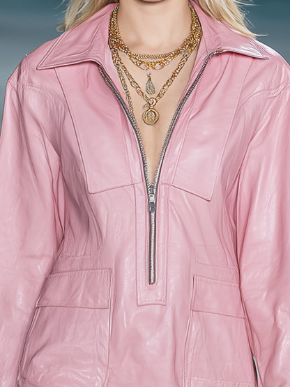 Fashionable Pink Faux Leather Zipper And Tassel Mini Dress