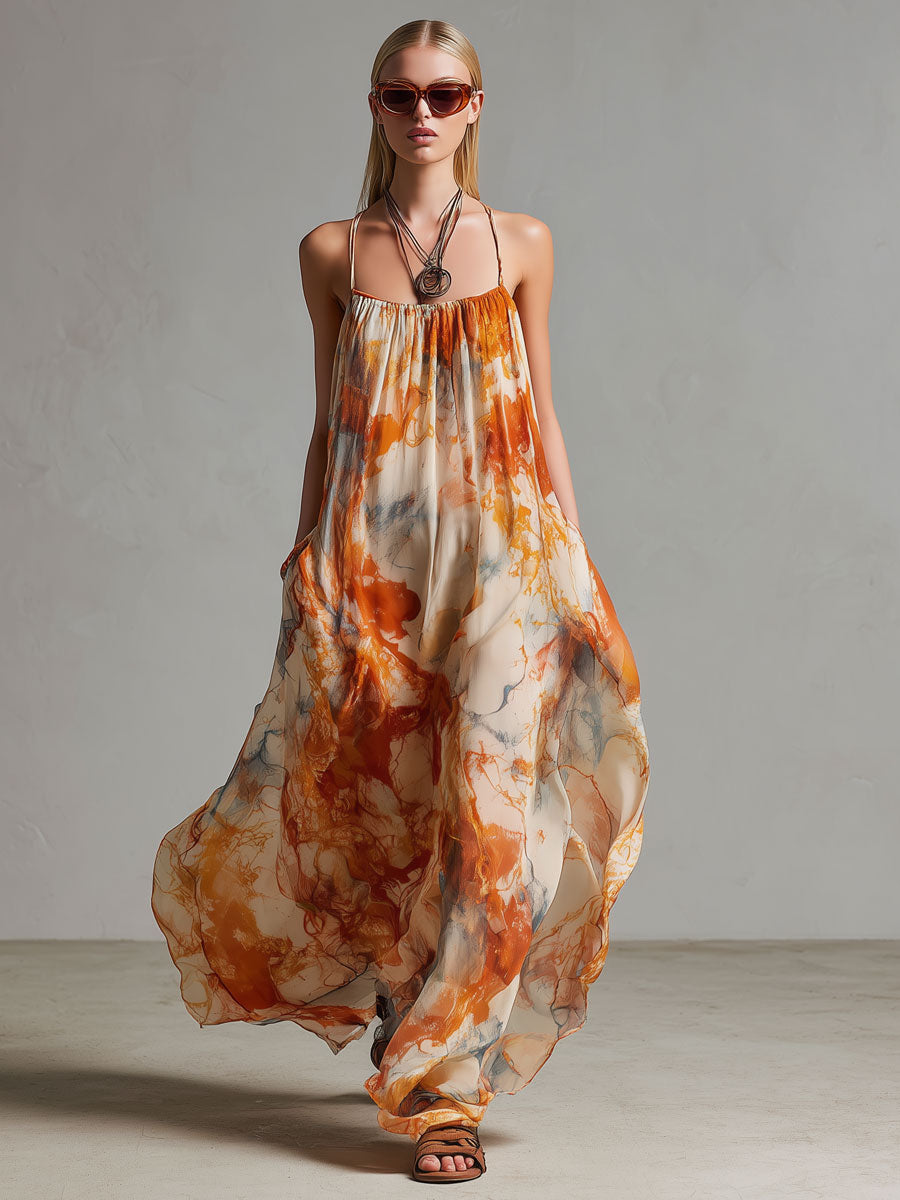 Vintage Marble Pattern Orange Chiffon Sleeveless Maxi Dress