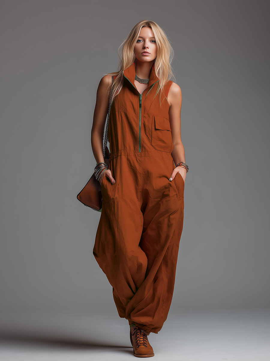 Fashionable Retro Stand-up Collar Zipper Sleeveless Jumpsuit