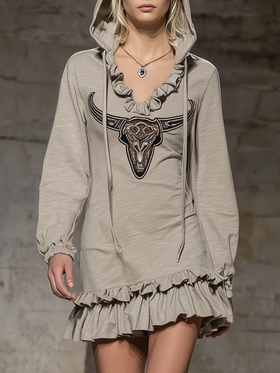 Stylish Grey Hooded Ruffled Bull&