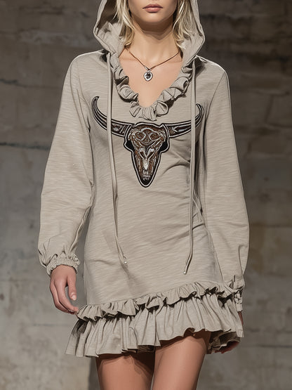 Stylish Grey Hooded Ruffled Bull&